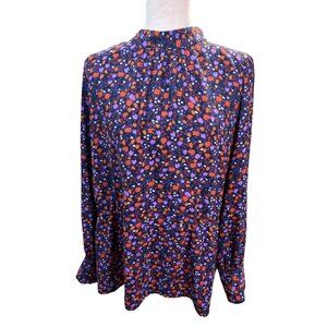 Halogen 2X Floral Blouse Colorful Retro Style Mock Neck Keyhole Drop Waist Plus